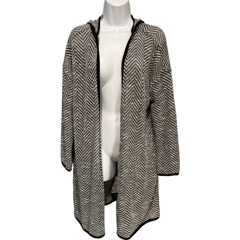 Anthropologie Maeve Bedford Black Herringbone Hooded Cardigan Sweater Size Small - Picture 2 of 11